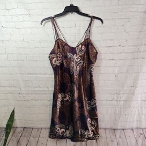 Vtg Expressions Purple Satin Paisley Mini Slip Dress Sz L 90s Grunge Whimsigoth